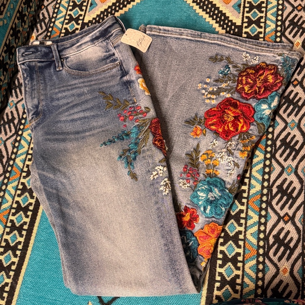 Free People x Driftwood Floral Embroidered Flare Jeans